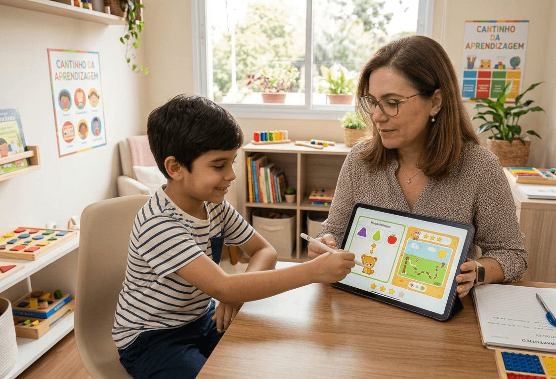 Criança com pedagoga em atendimento